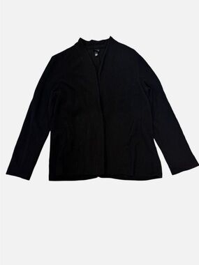 Eileen Fisher Black Ribbed Knit Cardigan Blazer Jacket Pockets 1 Snap Button L